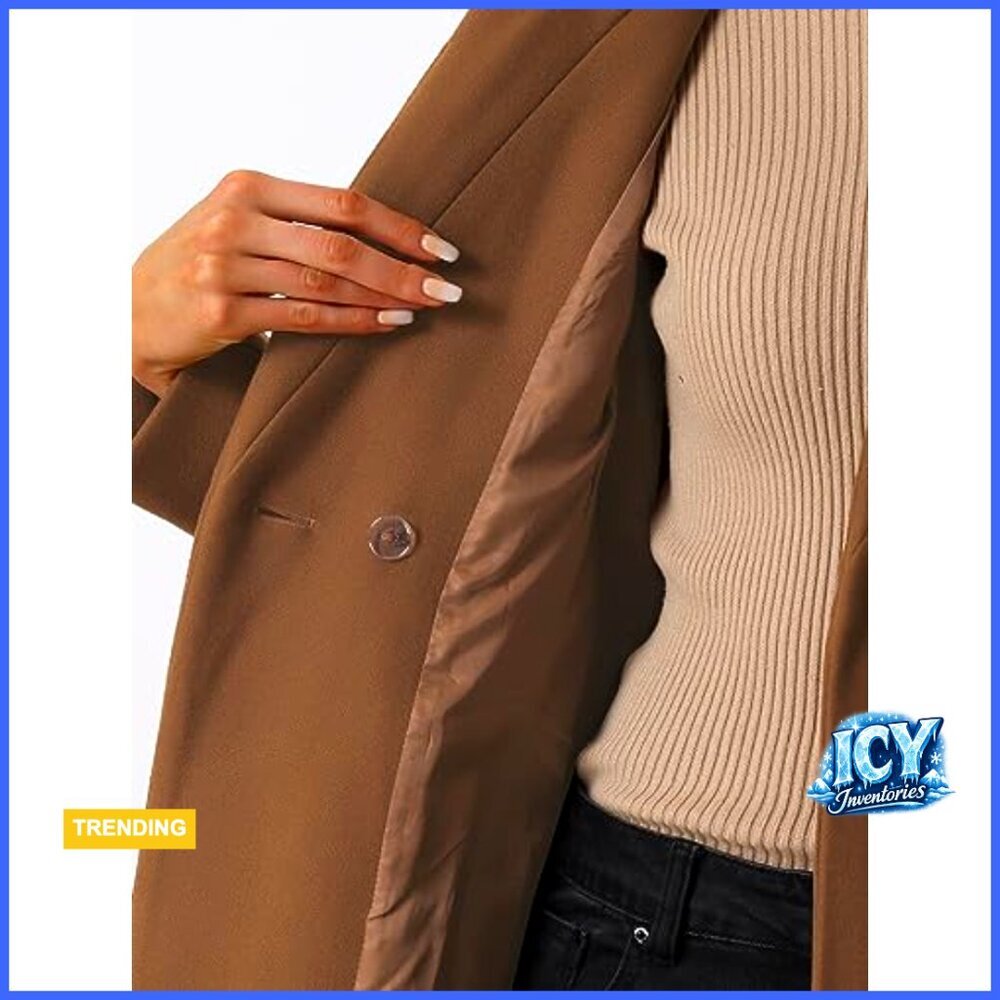 Winter Pea Coat Stand Collar Belted Trench Coat Regular Fit Polyester - Picture 5 of 5
